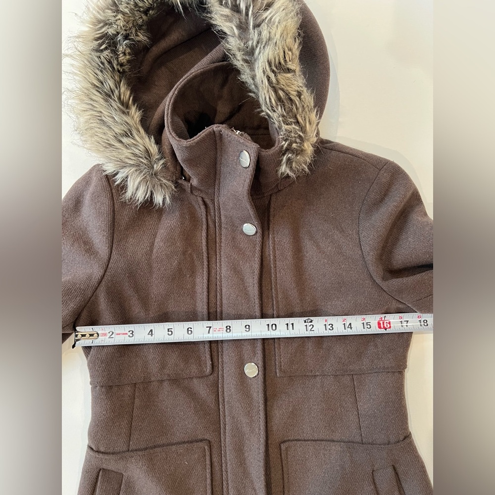 Kenneth Cole Wool Blend Pea Coat Faux Fur Lined Detachable Hood Button Zipper - Picture 8 of 15
